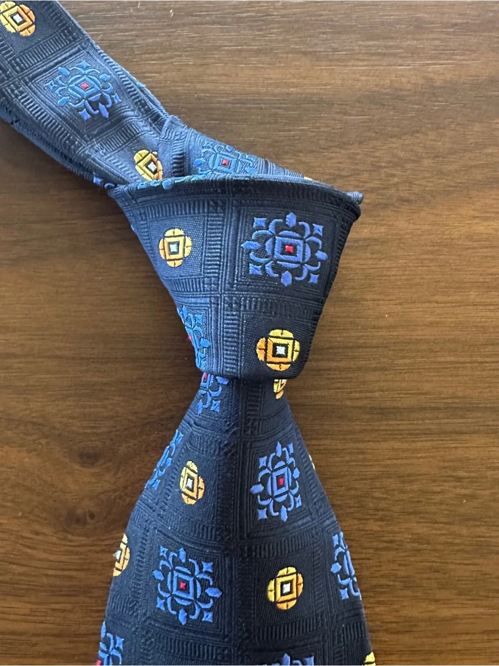Holland & Sherry Classic Navy Silk Tie with Blue and Yellow Medallion Pattern